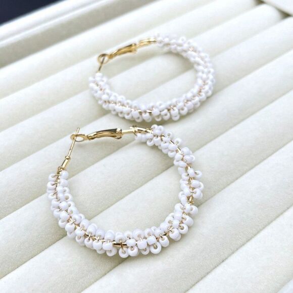 Yellow Gold Wire Wrapped White Beaded Open Round Hinged Post Hoop Earrings - Picture 7 of 9
